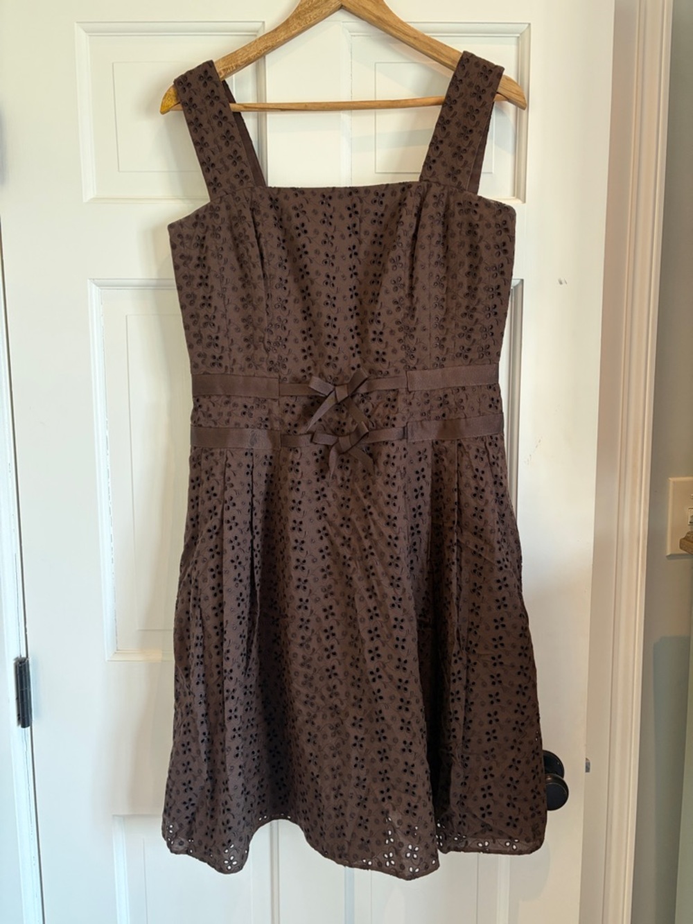 Kay Unger Brown Eyelet Square-Neck Mini Dress